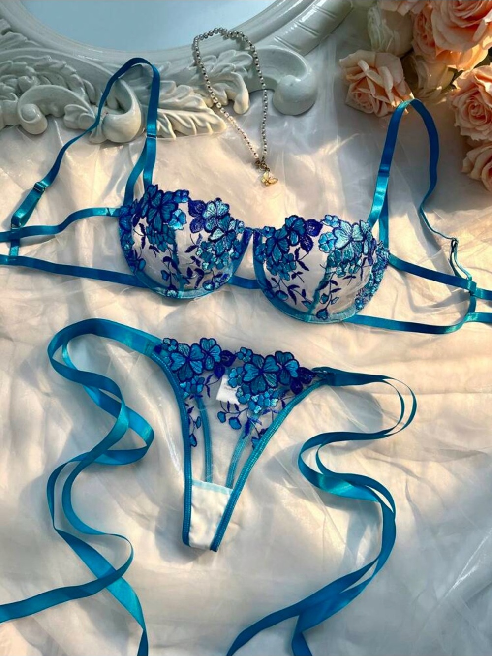 SHEIN Blue Floral Embroidered Balconette Bikini Set